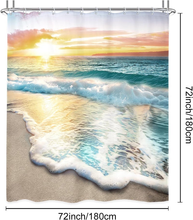 Riyidecor 4 PCS Beach Shower Curtain Sets 72Wx72H Inch, Toilet Lid Cover, U-Shaped Mat and Non-Slip Bathroom Rug, Summer Ocean Sea Sunset Bathroom Sets, Coastal Shower Accessories for Bathroom Decor - Image 4