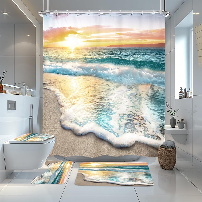 Riyidecor 4 PCS Beach Shower Curtain Sets 72Wx72H Inch, Toilet Lid Cover, U-Shaped Mat and Non-Slip Bathroom Rug, Summer Ocean Sea Sunset Bathroom Sets, Coastal Shower Accessories for Bathroom Decor - Image 1