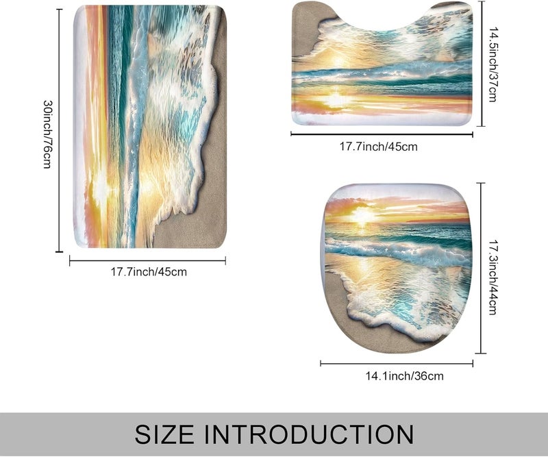 Riyidecor 4 PCS Beach Shower Curtain Sets 72Wx72H Inch, Toilet Lid Cover, U-Shaped Mat and Non-Slip Bathroom Rug, Summer Ocean Sea Sunset Bathroom Sets, Coastal Shower Accessories for Bathroom Decor - Image 3