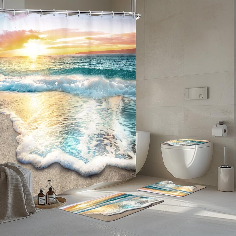 Riyidecor 4 PCS Beach Shower Curtain Sets 72Wx72H Inch, Toilet Lid Cover, U-Shaped Mat and Non-Slip Bathroom Rug, Summer Ocean Sea Sunset Bathroom Sets, Coastal Shower Accessories for Bathroom Decor - Image 5