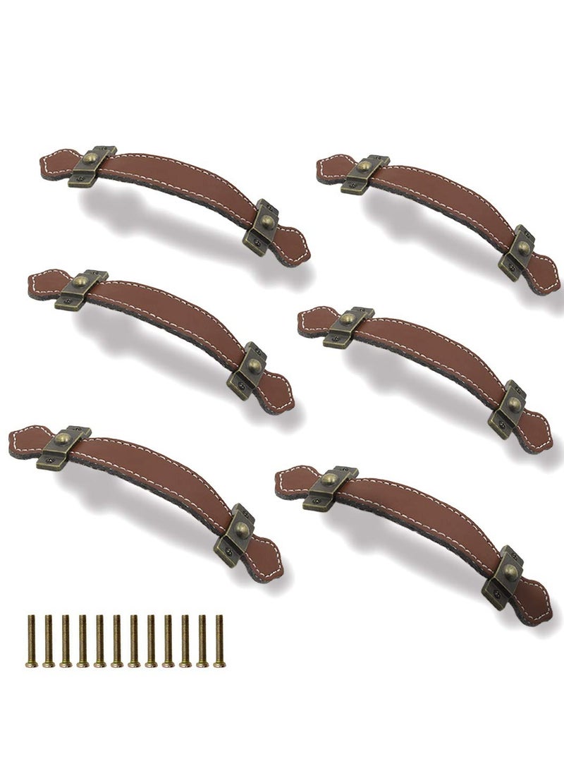 KASTWAVE 6 Piece Surface Leather Furniture Handle, 6.3" (16 cm) Vintage Style Strong Leather Handle Pull for Drawer Cabinet PU Luggage (Brown)  - Image 1