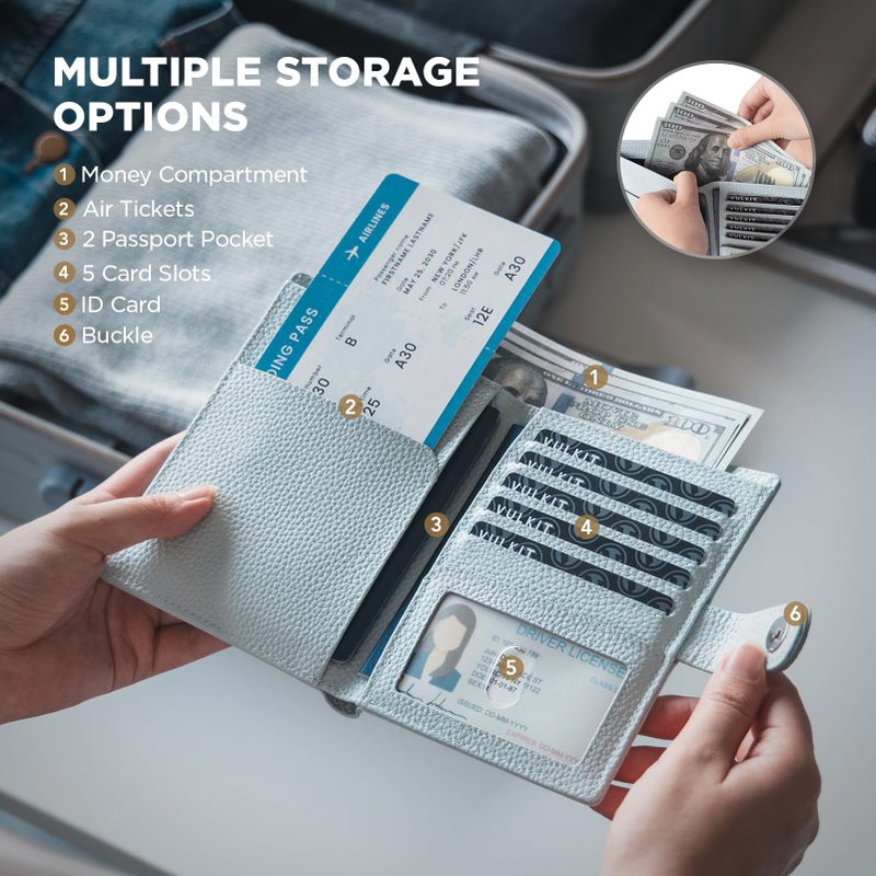 VULKIT Leather Passport Travel Wallet for 2 Passports Pocket Slim Double Passport Holder RFID Blocking with ID Window for Women or Men - Image 2