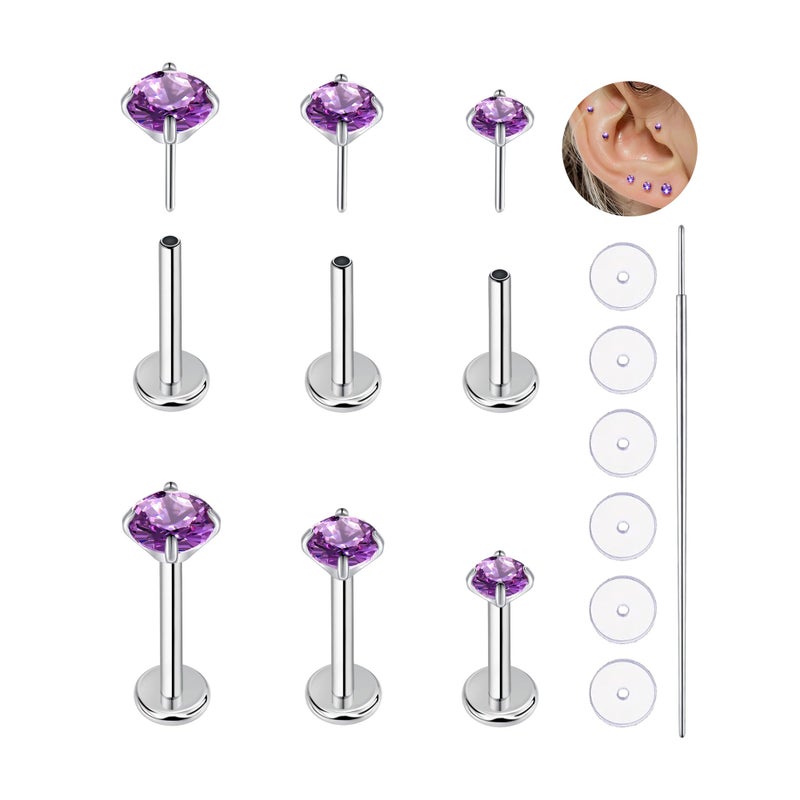 KaseStyle 20G Flat Back Earrings Studs 18G Nose Rings 24K Gold Plating Titanium Threadless 16G Cartilage Earrings for Women Men Tragus Conch Helix Medusa Lip Piercing Jewelry (polish purple cz, 20G) - Image 1