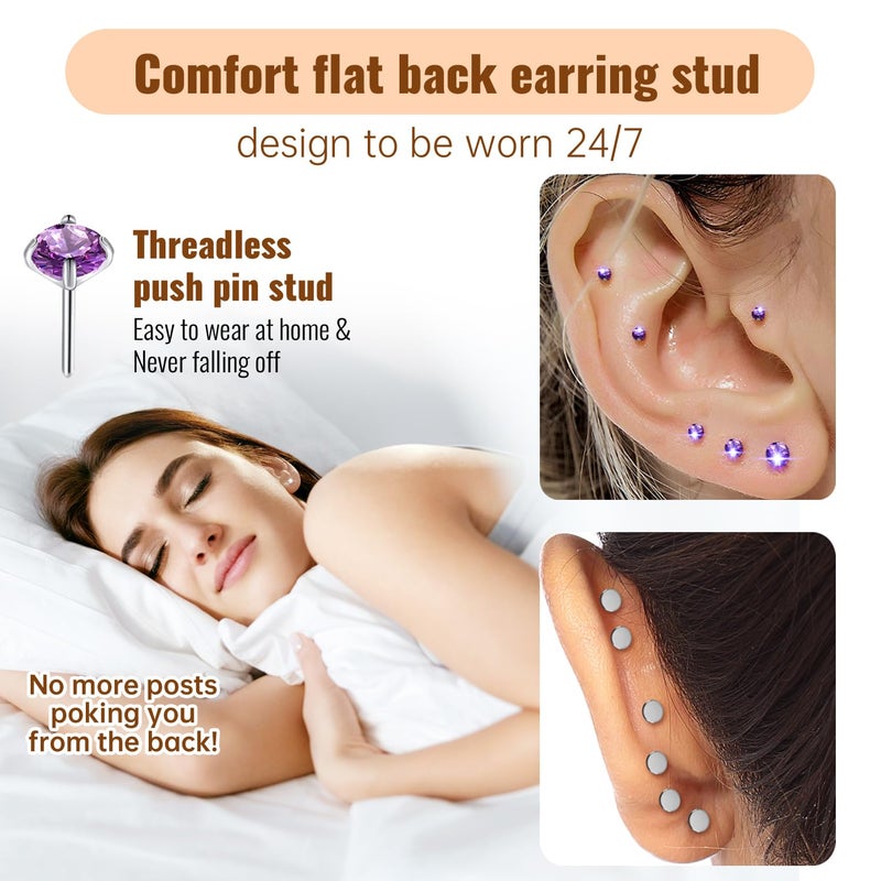 KaseStyle 20G Flat Back Earrings Studs 18G Nose Rings 24K Gold Plating Titanium Threadless 16G Cartilage Earrings for Women Men Tragus Conch Helix Medusa Lip Piercing Jewelry (polish purple cz, 20G) - Image 2