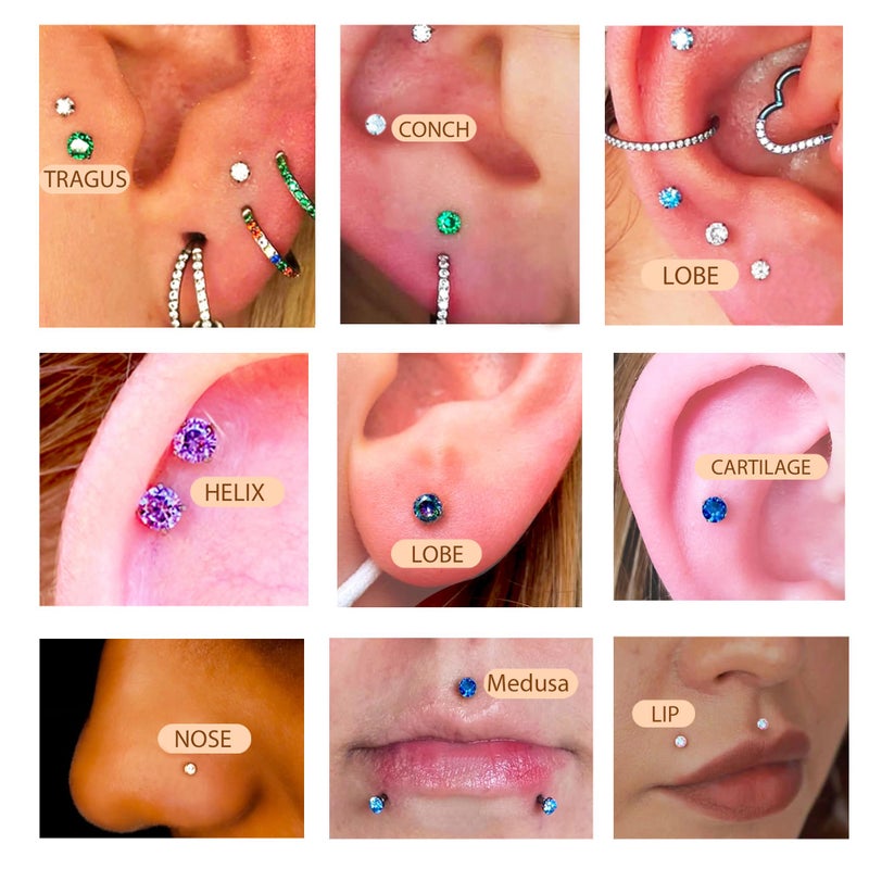 KaseStyle 20G Flat Back Earrings Studs 18G Nose Rings 24K Gold Plating Titanium Threadless 16G Cartilage Earrings for Women Men Tragus Conch Helix Medusa Lip Piercing Jewelry (polish purple cz, 20G) - Image 5