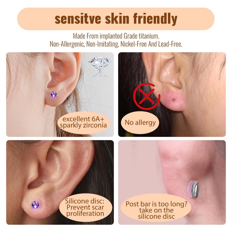 KaseStyle 20G Flat Back Earrings Studs 18G Nose Rings 24K Gold Plating Titanium Threadless 16G Cartilage Earrings for Women Men Tragus Conch Helix Medusa Lip Piercing Jewelry (polish purple cz, 20G) - Image 3