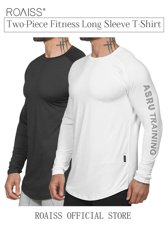 roaiss - 2 Pack Men's Letter Printing Quick-dry Fitness Exercise Leisure Long Sleeve T-shirt Gym Running Training Stretch Tights - Image 1