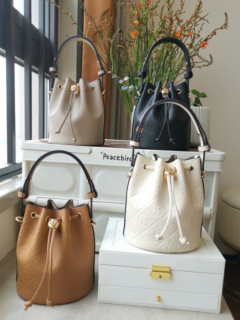 Tb Canvas Vintage Drawstring Bucket Bag With Genuine Leather Embossing High-End Tote Crossbody Bag - Image 3