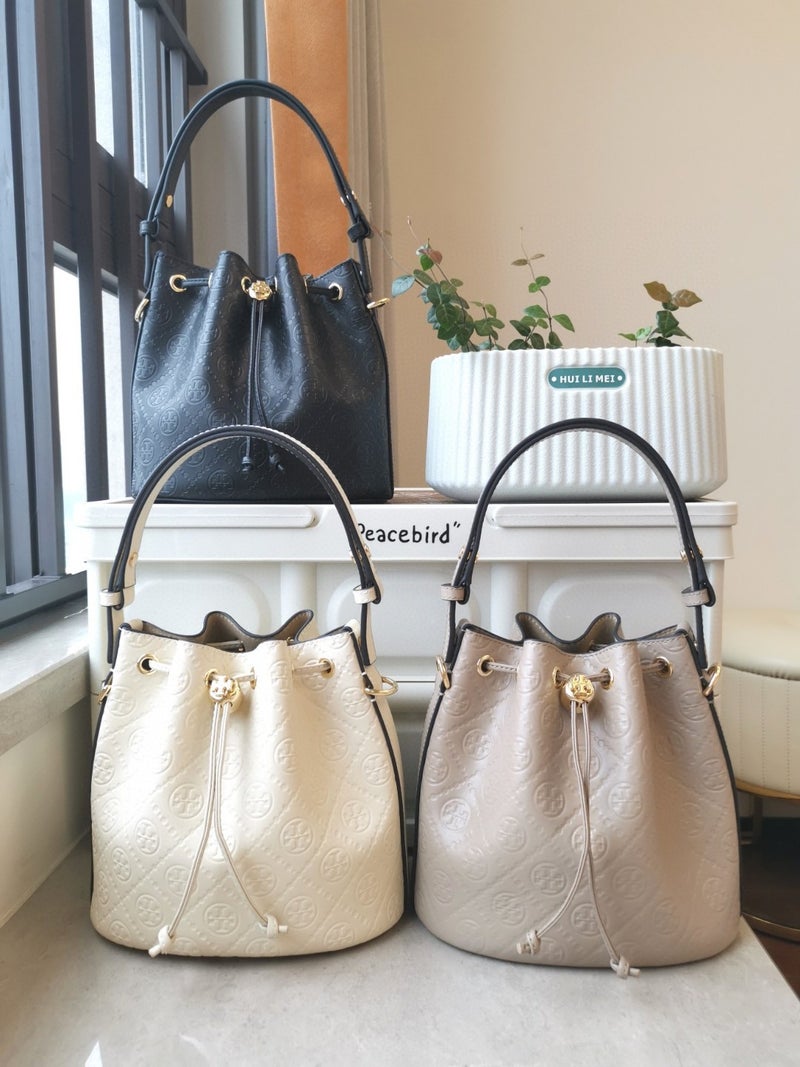 Tb Canvas Vintage Drawstring Bucket Bag With Genuine Leather Embossing High-End Tote Crossbody Bag - Image 2