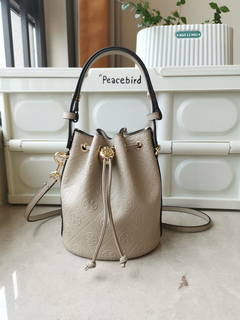 Tb Canvas Vintage Drawstring Bucket Bag With Genuine Leather Embossing High-End Tote Crossbody Bag - Image 1