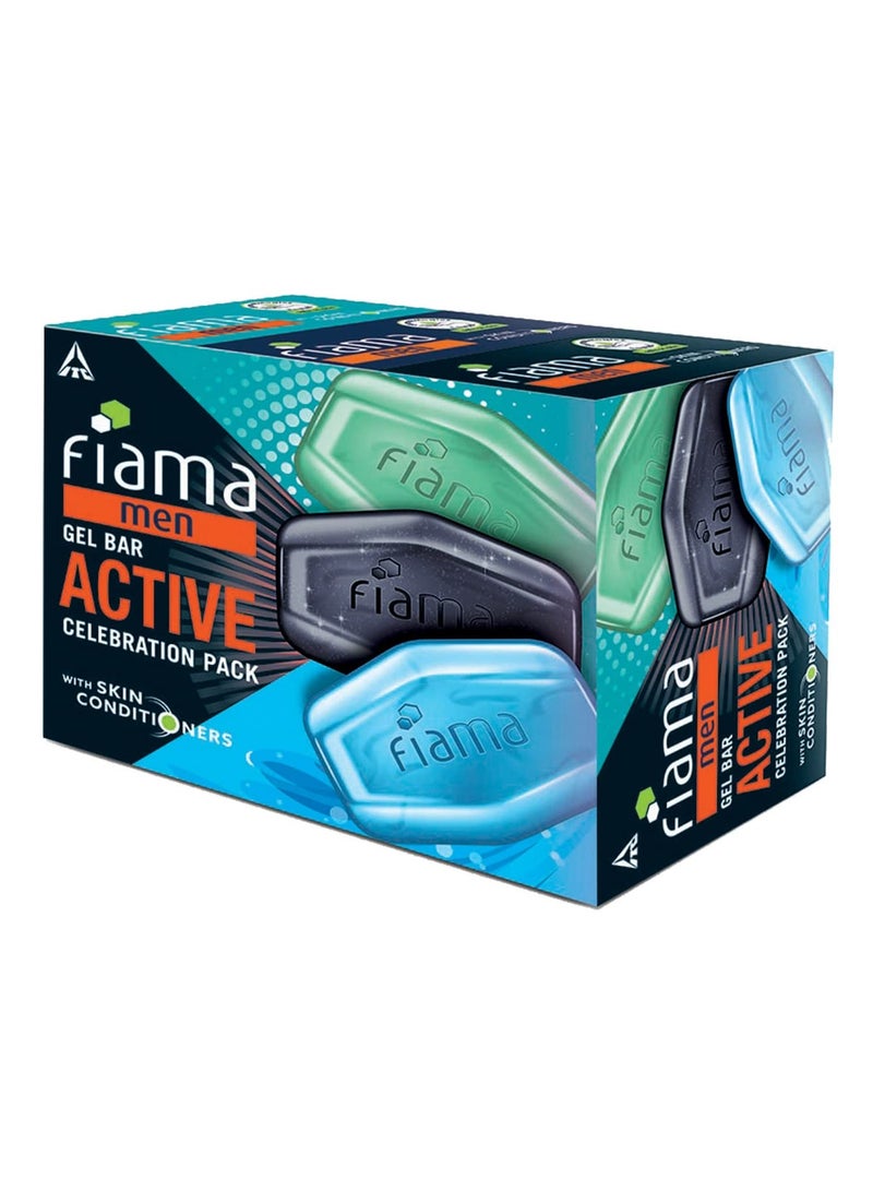 فياما مجموعة Fiama Men Gel Bar Active Celebration Pack مع 3 ألواح جل فريدة من نوعها، الفحم والجريب فروت، نبض منعش ورياضة منشطة للبشرة المرطبة، 375 جم 125 جم، عبوة من 3 صابون للرجال لجميع أنواع البشرة - Image 1