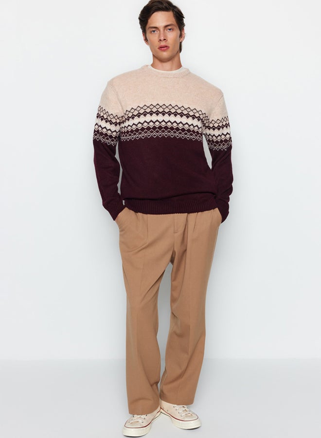 trendyol Claret Red Slim Fit Knitwear Sweater  Wool, Crew Neck, Jacquard - Image 2