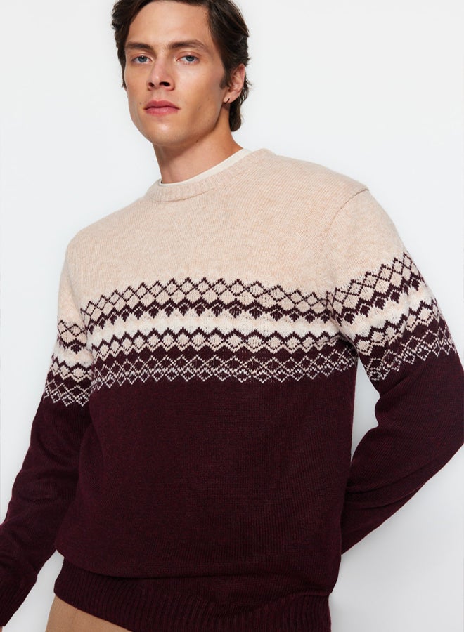trendyol Claret Red Slim Fit Knitwear Sweater  Wool, Crew Neck, Jacquard - Image 1