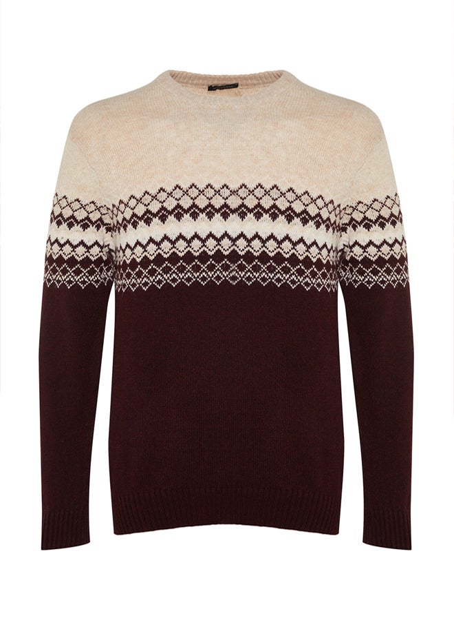 trendyol Claret Red Slim Fit Knitwear Sweater  Wool, Crew Neck, Jacquard - Image 5