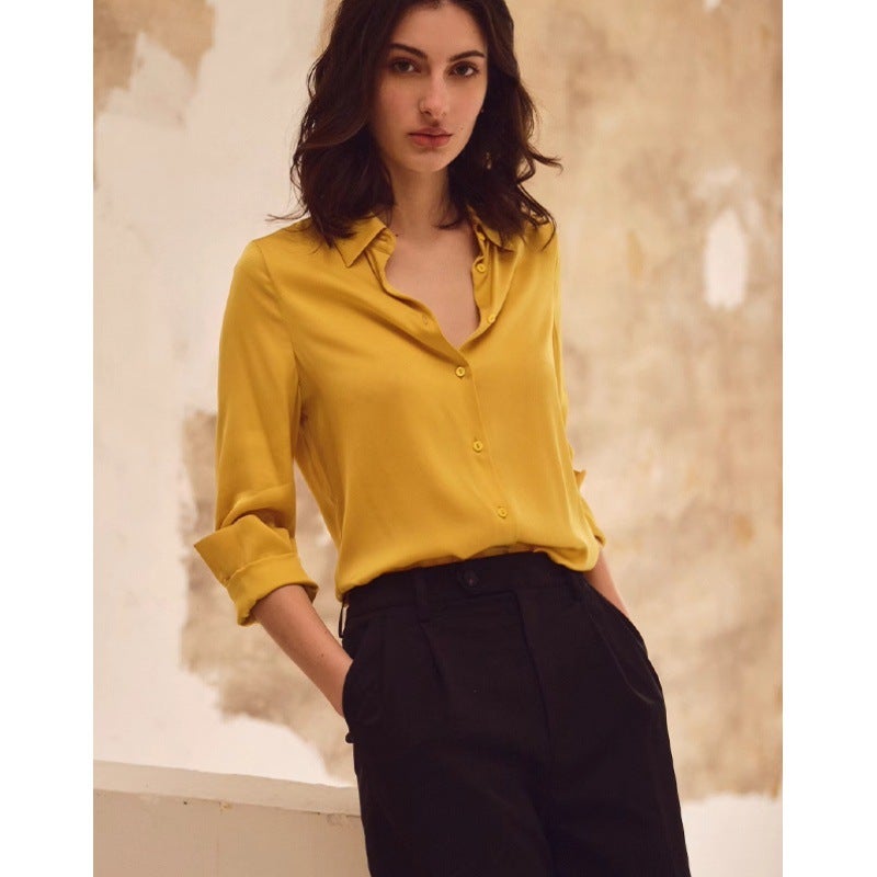Cross-border Preferred in stock 2024 Autumn Elegant High-end New Commuting Acetic Satin Long Sleeve Loose Shirt Women Ginger yellow