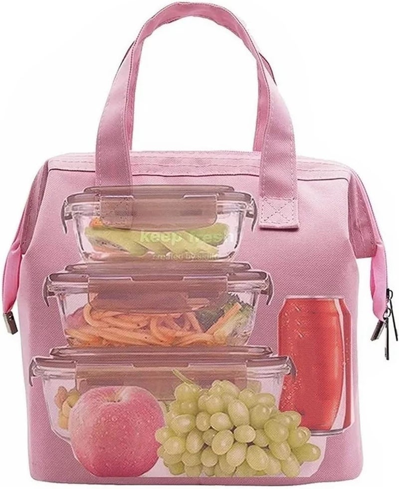 Insulated Lunch Bag Metal Double Handle Portable Lunchbox for Commuting, Oxford Cloth, Small Size (Pink) - Image 3