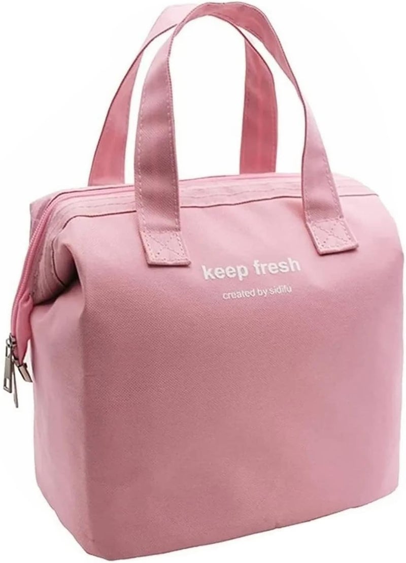 Insulated Lunch Bag Metal Double Handle Portable Lunchbox for Commuting, Oxford Cloth, Small Size (Pink) - Image 1