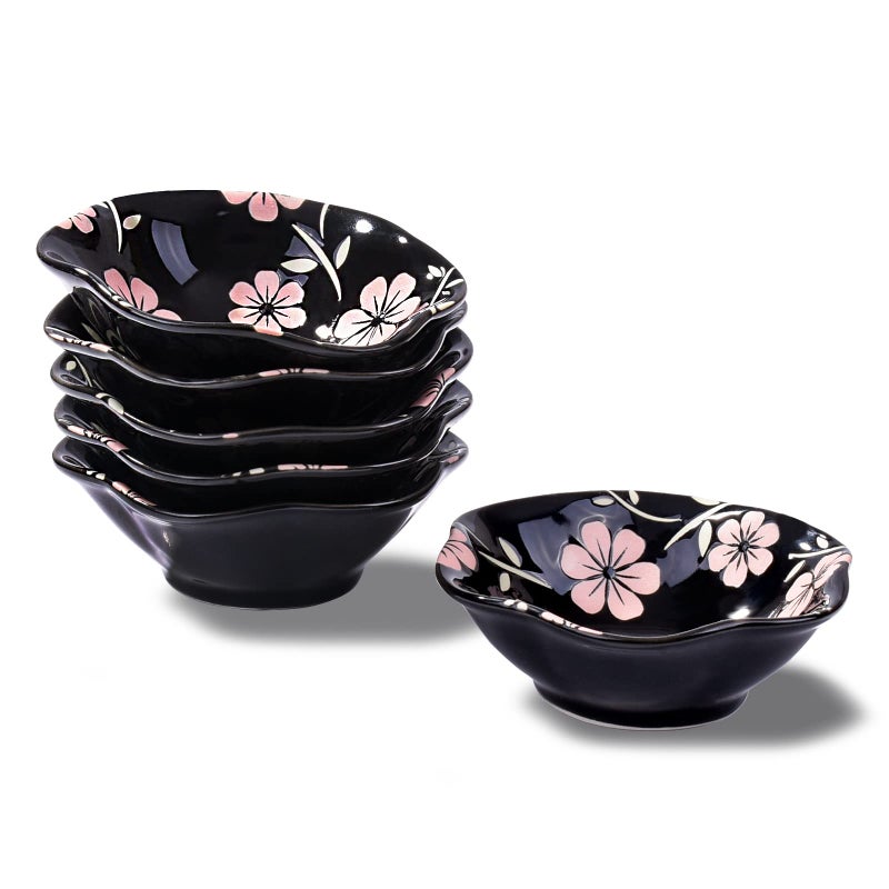 Whitenesser Japanese Black Sakura Soy Sauce Dish for Sushi Porcelain Dipping Bowls Sauce Cups Set of 6
