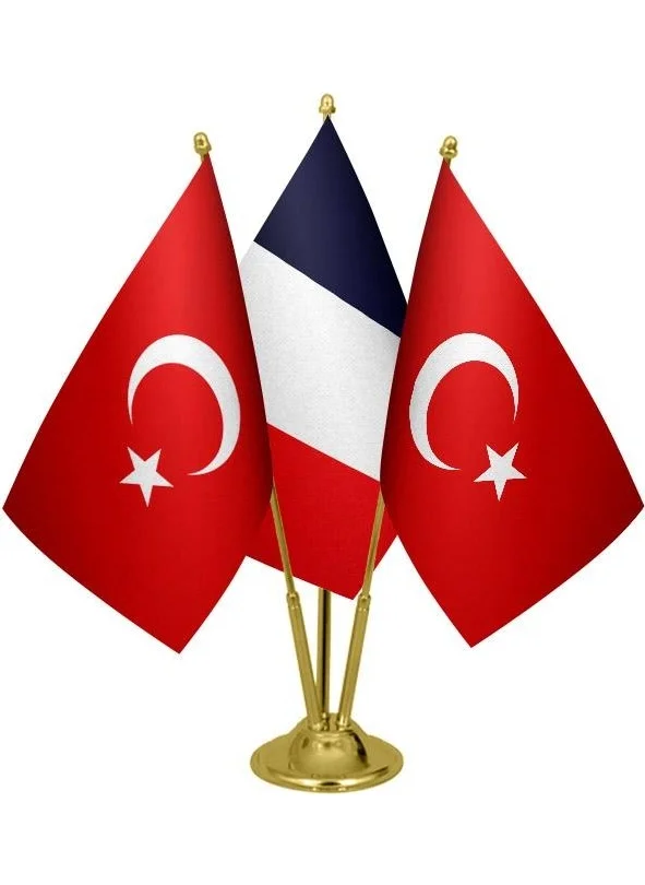 ساترنديزاين Desktop France Flag Turkish Flag Triple Brass Pole Table Flag Set