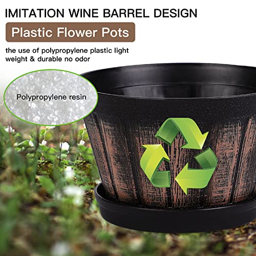 Quarut 6 inch Brown Barrel Planters with Drainage Holes & Saucer, Set of 4, Indoor & Outdoor Garden Home Plants - Image 4