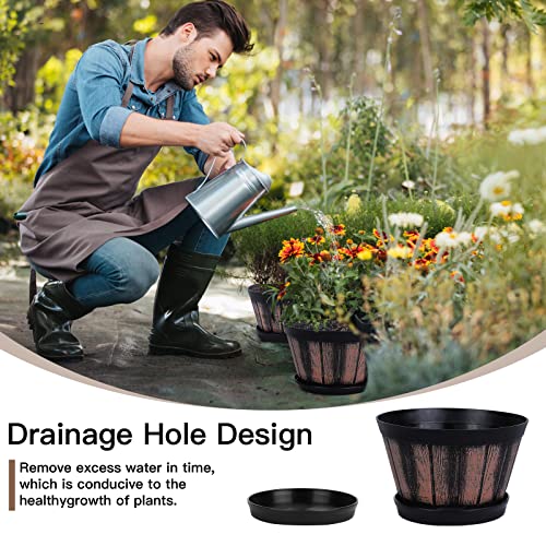 Quarut 6 inch Brown Barrel Planters with Drainage Holes & Saucer, Set of 4, Indoor & Outdoor Garden Home Plants - Image 3