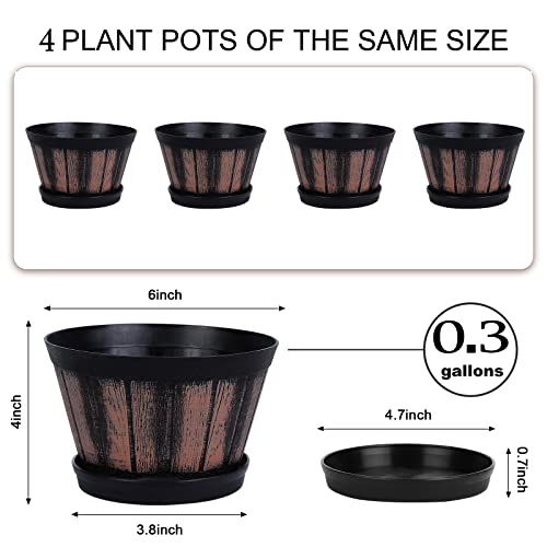 Quarut 6 inch Brown Barrel Planters with Drainage Holes & Saucer, Set of 4, Indoor & Outdoor Garden Home Plants - Image 2