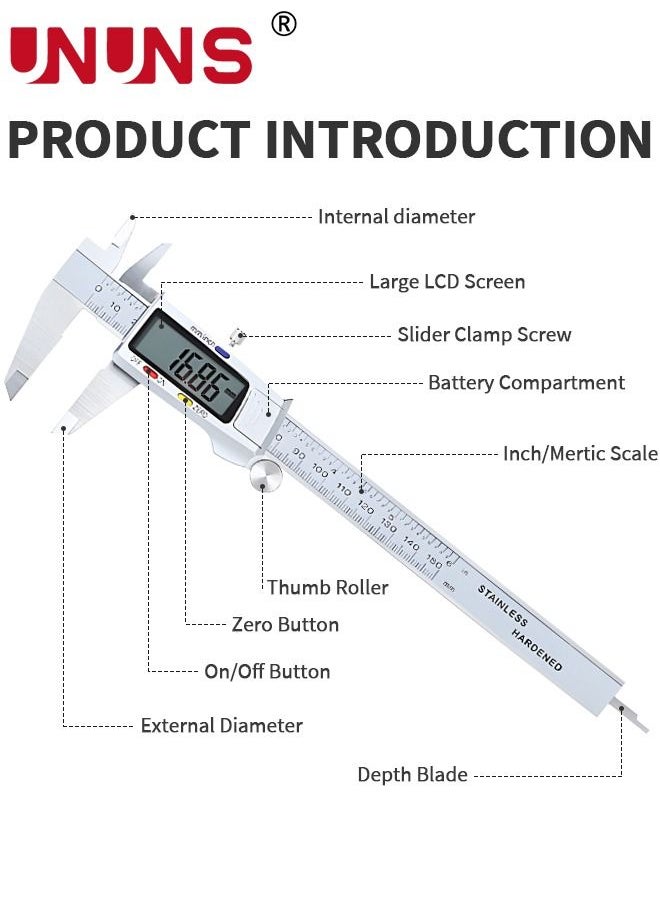 UNUNS - Digital LCD Vernier Calliper,150MM Stainless Steel Micrometer Electronic Tool,Metal Metric Measure Caliper For Engineer Carpenter - Image 1