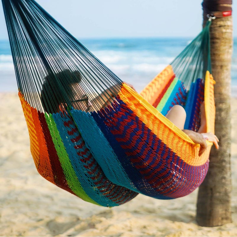 Lazy Daze Hammocks Handwoven Mayan Hammock, 10.5 FT Soft Rope Double Hammocks, Portable Outdoor Hammock with Carry Bag, 2 Straps & Carabiners for Patio Outside, 550 lbs Weight Capacity, Multi Color - Image 2