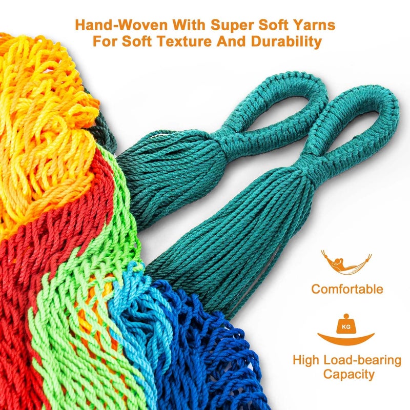 Lazy Daze Hammocks Handwoven Mayan Hammock, 10.5 FT Soft Rope Double Hammocks, Portable Outdoor Hammock with Carry Bag, 2 Straps & Carabiners for Patio Outside, 550 lbs Weight Capacity, Multi Color - Image 3