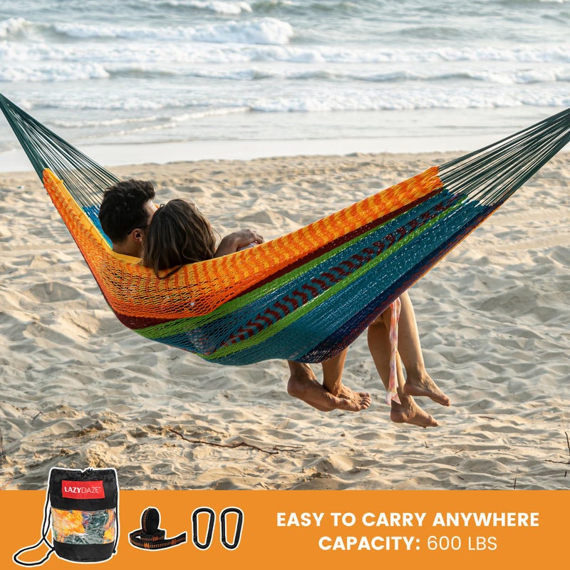 Lazy Daze Hammocks Handwoven Mayan Hammock, 10.5 FT Soft Rope Double Hammocks, Portable Outdoor Hammock with Carry Bag, 2 Straps & Carabiners for Patio Outside, 550 lbs Weight Capacity, Multi Color - Image 5