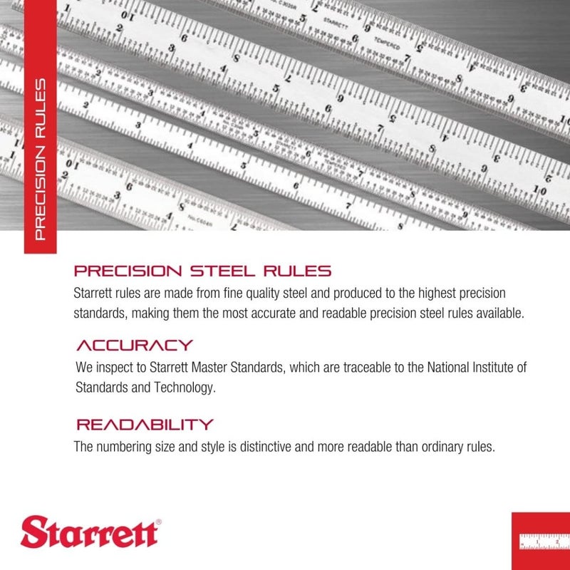 Starrett Starrett Full Flexible Steel Rule with Satin Chrome Finish Quick Reading and Inch Graduations  12 Length 5R Graduation Type 164 Thickness  C305R12  - Image 3