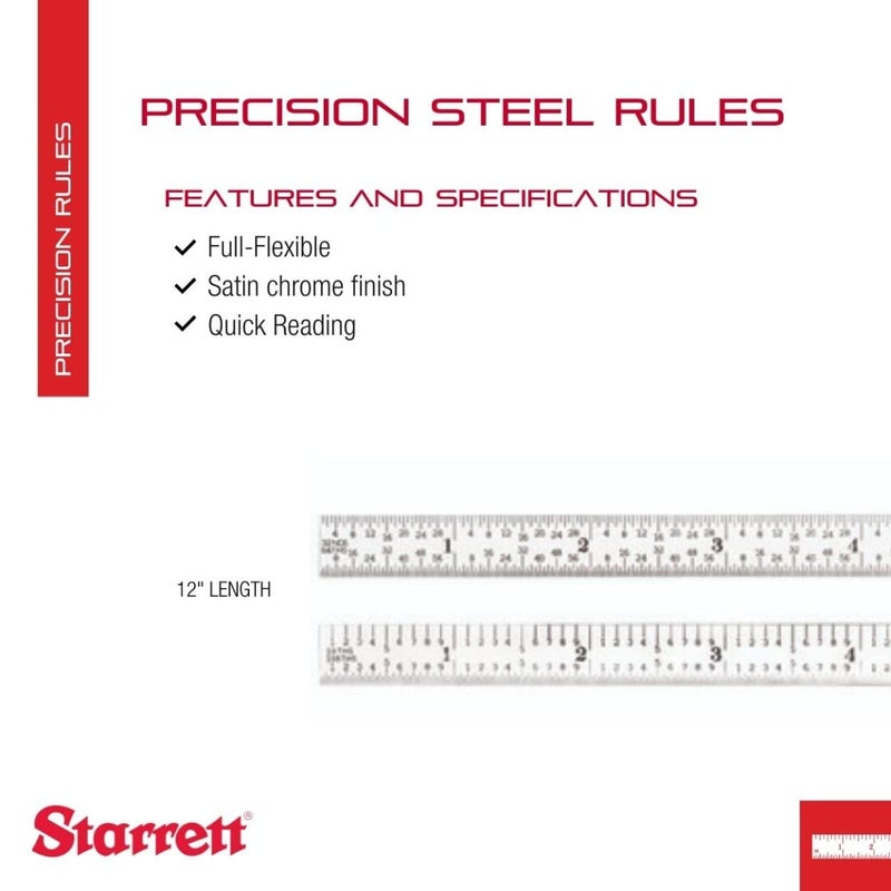 Starrett Starrett Full Flexible Steel Rule with Satin Chrome Finish Quick Reading and Inch Graduations  12 Length 5R Graduation Type 164 Thickness  C305R12  - Image 2