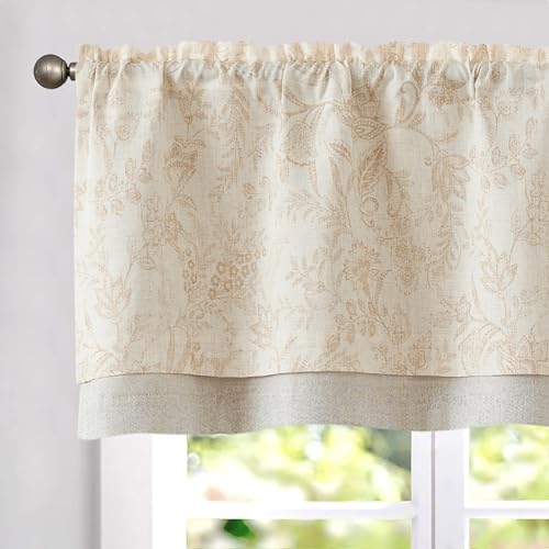 jinchan Linen Valance Curtain Farmhouse Floral Printed Small Window Curtain for Kitchen Rustic Country Blackout Valance for Living Room Bedroom Bathroom 18 Inch Rod Pocket 1 Panel Taupe on Beige - Image 2
