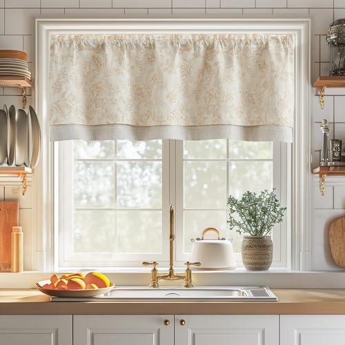 jinchan Linen Valance Curtain Farmhouse Floral Printed Small Window Curtain for Kitchen Rustic Country Blackout Valance for Living Room Bedroom Bathroom 18 Inch Rod Pocket 1 Panel Taupe on Beige - Image 1
