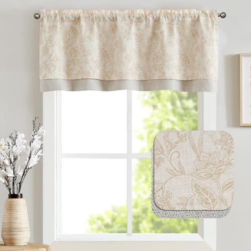 jinchan Linen Valance Curtain Farmhouse Floral Printed Small Window Curtain for Kitchen Rustic Country Blackout Valance for Living Room Bedroom Bathroom 18 Inch Rod Pocket 1 Panel Taupe on Beige - Image 3