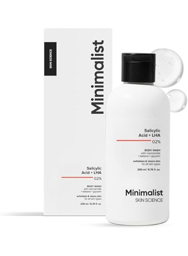 2% Salicylic Acid + LHA Body Wash | For Body Acne, Un-even, Rough & Bumpy Skin | Sulphate (SLS), Dye, & Fragrance Free | Shower Gel For Women & Men | 200 ml