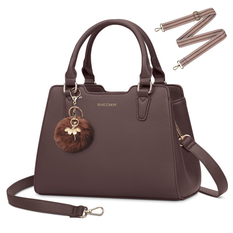 IGOLUMON Women's Top-Handle Handbags Vegan Leather Purses for Women Designer Tote Purse and Handbag with Pompom Satchel Bags for Women Ladies Waterproof Shoulder Bag Crossbody Fashion Coffee - Image 1