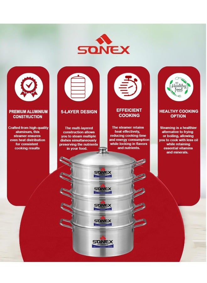 SONEX Galaxy 5-Layer Steamer – Premium Aluminium, 32 cm Diameter, Efficient Heat Distribution, Ideal for Healthy Cooking, Metal Finish, Perfect for Steaming Vegetables & Seafood, (15x9.5) cm - Image 5
