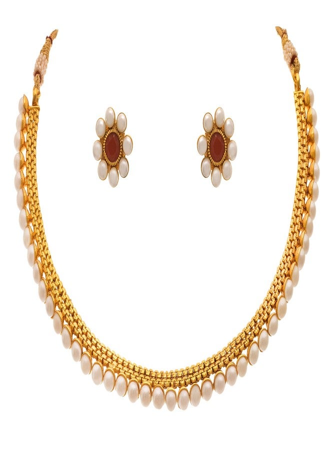 JFL - Jewellery for Less Traditional Ethnic One Gram Gold Plated Red Stone Pearl Necklace Set / Jewellery Set with Kudi Earrings for Women & Girls - Image 1