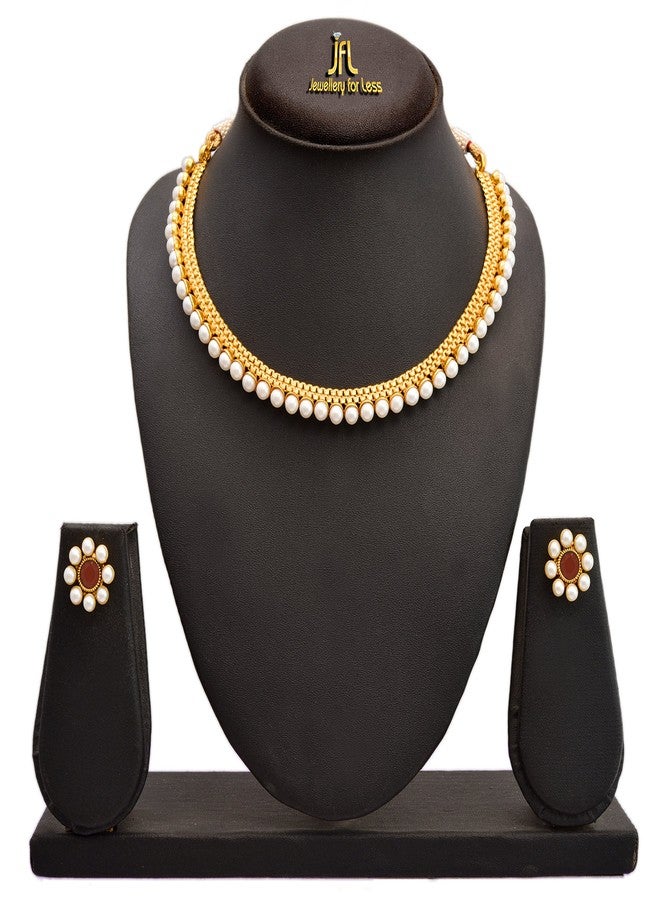 JFL - Jewellery for Less Traditional Ethnic One Gram Gold Plated Red Stone Pearl Necklace Set / Jewellery Set with Kudi Earrings for Women & Girls - Image 3