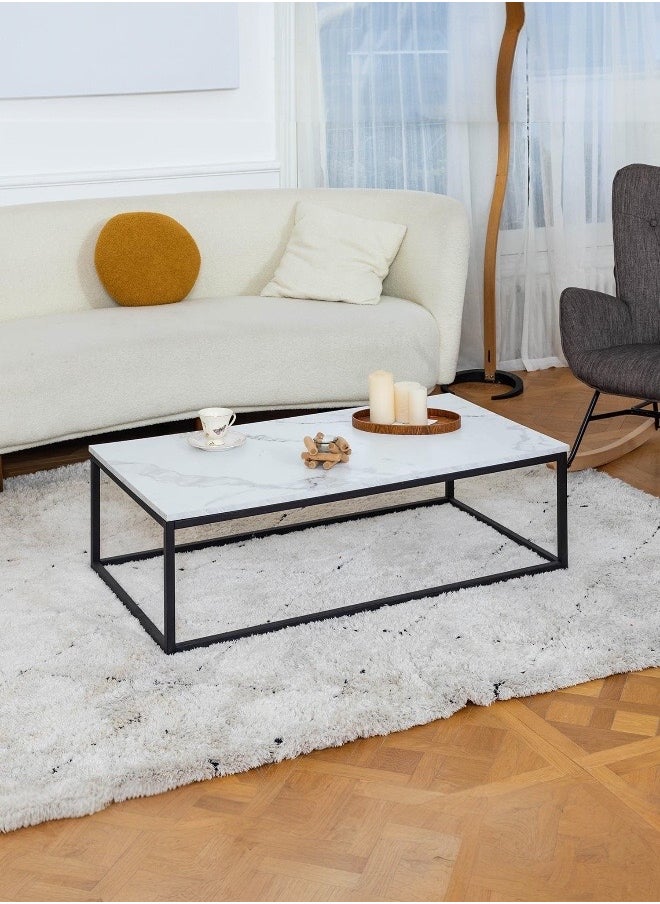 woodx Modern Minimalist Coffee Table with Faux Marble Top and Black Metal Frame - Rectangular Design  - Image 1
