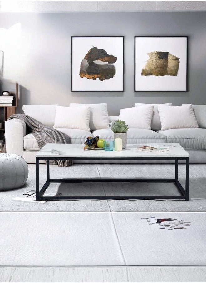 woodx Modern Minimalist Coffee Table with Faux Marble Top and Black Metal Frame - Rectangular Design  - Image 2