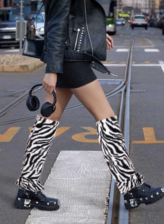 اوريو جوارب تدفئة الساق من الفرو الصناعي من Urieo، جوارب طويلة محبوكة مخططة باللونين الأسود والأبيض، بدون قدم، جوارب شتوية ناعمة عالية الساق للنساء - Image 5