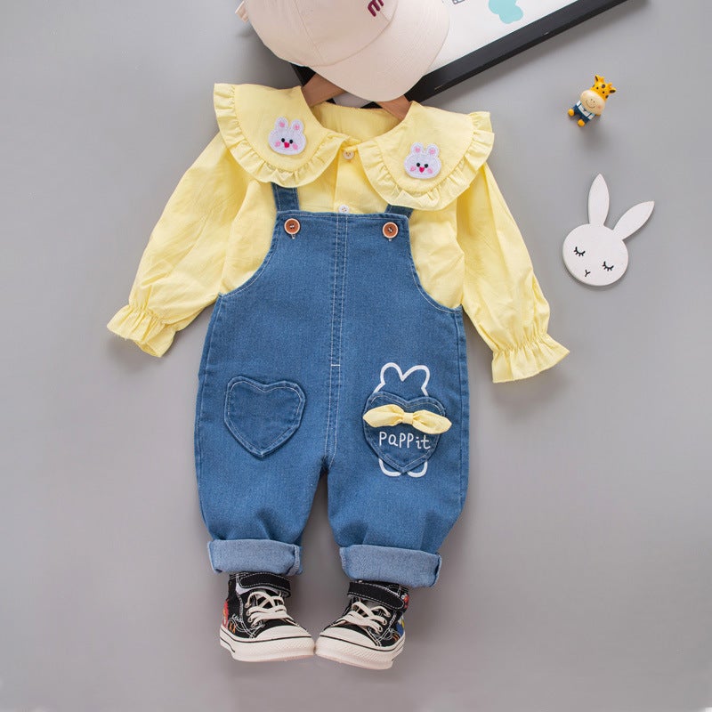 Five Small Seven Children'S Clothing 2024 New 0-4 Years Old Girl Rabbit Shirt Denim Suspenders Two-Piece Set - Image 1