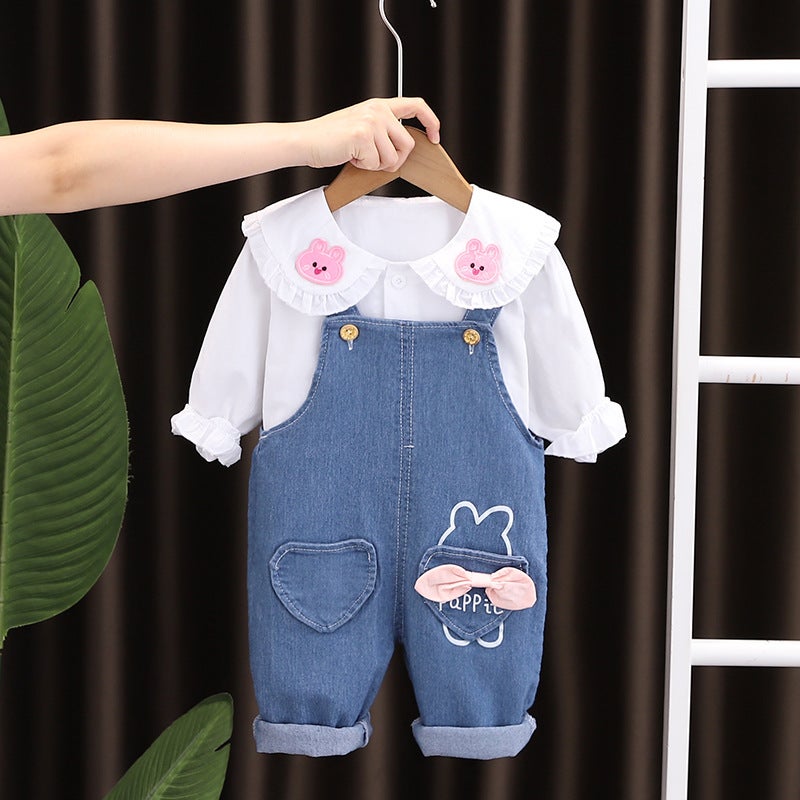 Five Small Seven Children'S Clothing 2024 New 0-4 Years Old Girl Rabbit Shirt Denim Suspenders Two-Piece Set - Image 2