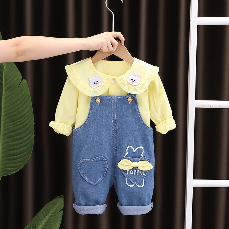 Five Small Seven Children'S Clothing 2024 New 0-4 Years Old Girl Rabbit Shirt Denim Suspenders Two-Piece Set - Image 3
