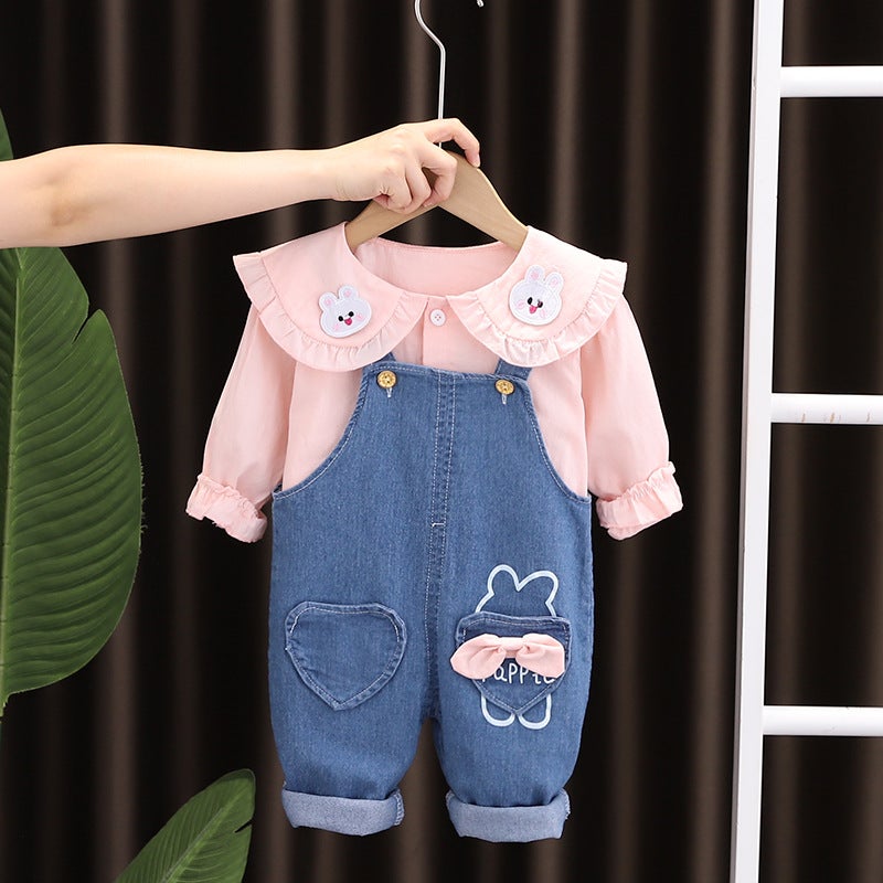Five Small Seven Children'S Clothing 2024 New 0-4 Years Old Girl Rabbit Shirt Denim Suspenders Two-Piece Set - Image 4