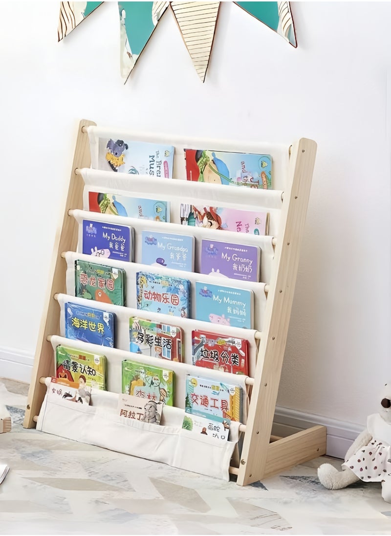 nihao - 5-layer Solid Wood Bookshelf Children's Bookshelf, Student Kindergarten Storage Simple Floor-standing Shelf Picture Book with 3 Storage Bags at The Bottom 75*30*80cm - Image 1