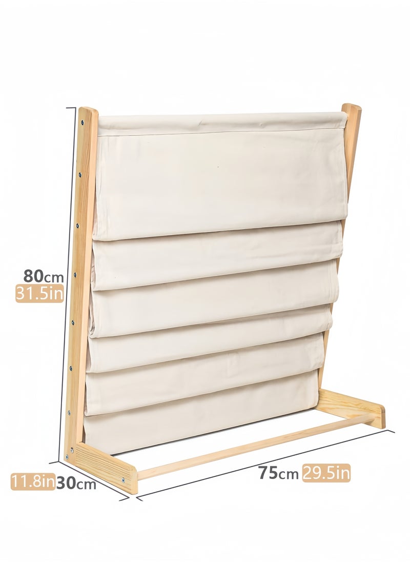 nihao - 5-layer Solid Wood Bookshelf Children's Bookshelf, Student Kindergarten Storage Simple Floor-standing Shelf Picture Book with 3 Storage Bags at The Bottom 75*30*80cm - Image 1