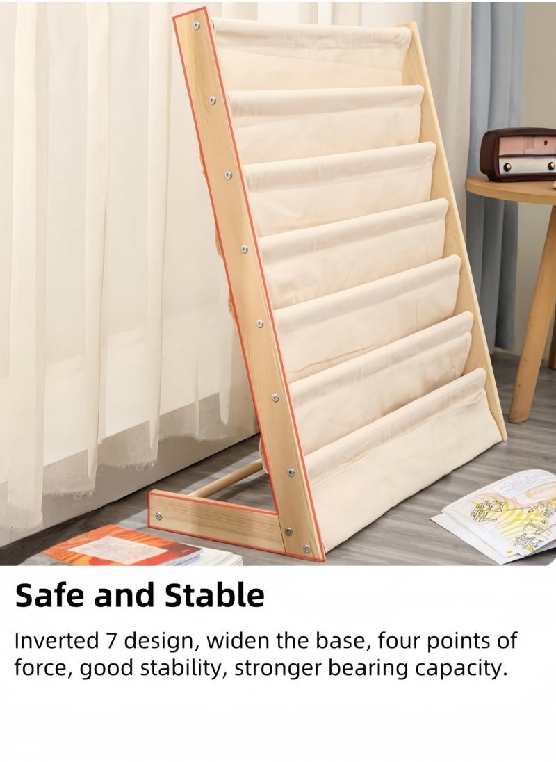 nihao - 5-layer Solid Wood Bookshelf Children's Bookshelf, Student Kindergarten Storage Simple Floor-standing Shelf Picture Book with 3 Storage Bags at The Bottom 75*30*80cm - Image 1